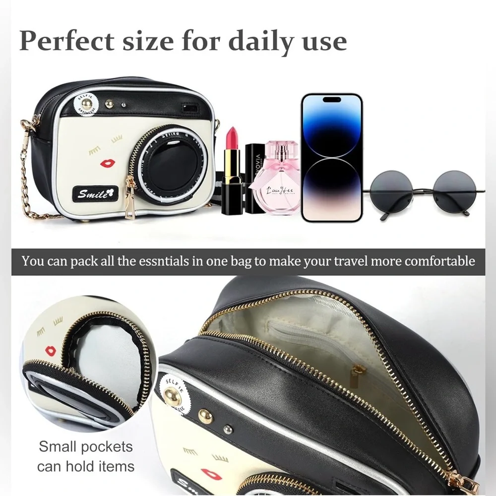 NWOT Stylish Black and White Camera Crossbody Bag